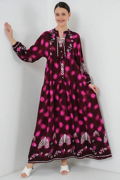 Aymood 2423 Rochie Hijab Autentică cu Motiv - Roșu Claret - Fucsia