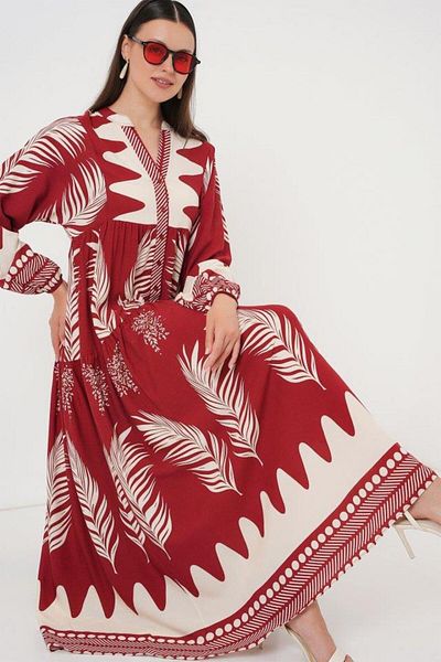 Aymood 2423 Rochie Hijab cu Motive Autentice - Roșu Claret