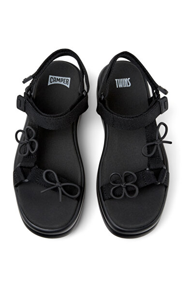 CAMPER Women’s Black Hook-And-Loop Strap Sandals With Flower Buckle & Comfy Thick Sole - Twins