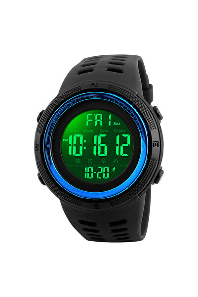 Skmei ساعة رجالية أنيقة متعددة الوظائف باللون الأسود والأزرق وساعة رياضية خارجية مع منبه كرونوغراف 5 بار ومضادة للماء