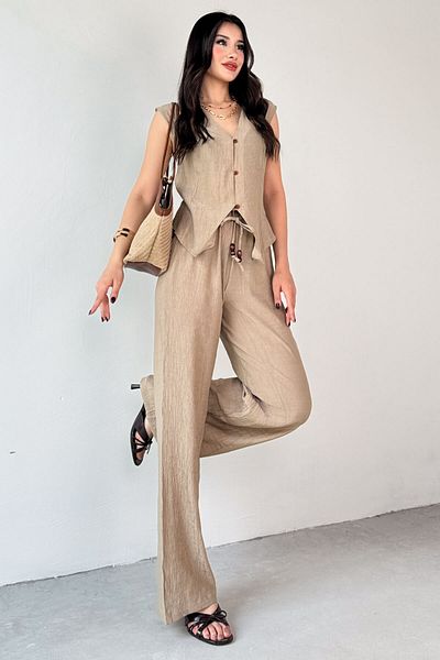 Cappmoda TKM-13314 Μοντέρνο γιλέκο με γιακά και δεμένο λεπτομερές φαρδύ παντελόνι δύο τεμαχίων