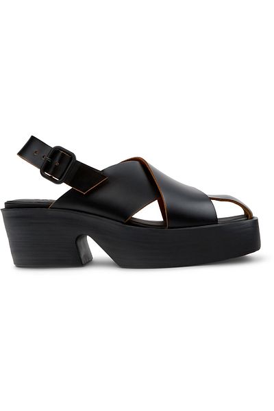 CAMPER Women's Black Genuine Leather Sandals with Adjustable Buckle and Thick High Heels Billie