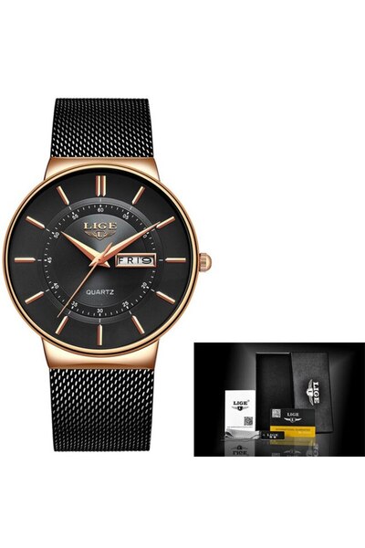 Lige ساعات رجالية فاخرة LIGE 2024 باللون الذهبي الوردي والأسود مقاومة للماء و...