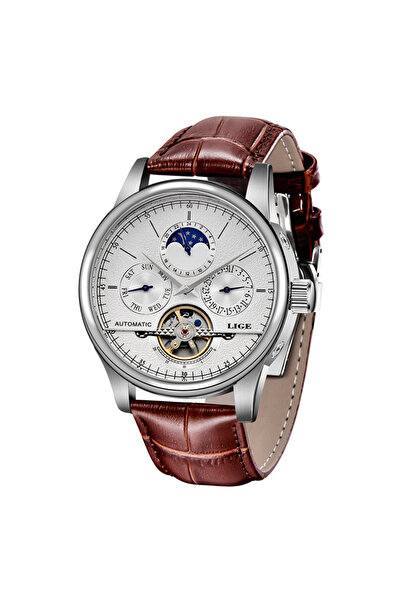 Lige ساعة رجالية فضية بيضاء، ساعة ميكانيكية أوتوماتيكية توربيون، ساعة جلد أصل...