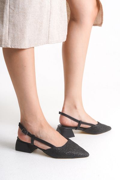 Shu Mhu Women's Young Black Straw 4 cm Heeled Straw Detailed Buckle Covered Heeled Shoes