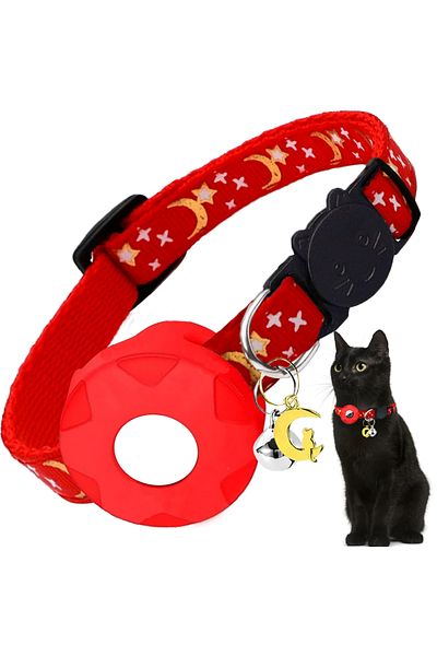 Choice Airtag not included Red(No Tracker) Apple Tag Pet Collar with AirTag Holder & Moon Ornament for Kitt
