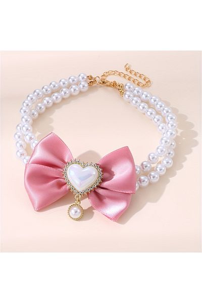Choice M Pink Color 1Pc Double Layer Pet Collar with Heart Drop Pendant,ABS Material,Adjustable Bowknot Des