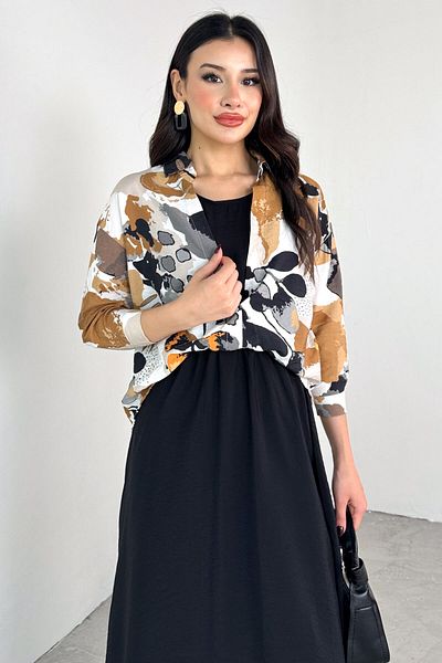 Cappmoda ELB-01799 Καλοκαιρινό φόρεμα από ύφασμα Aerobin με λεπτομέρεια πουκάμισο με μοτίβο βιζόν