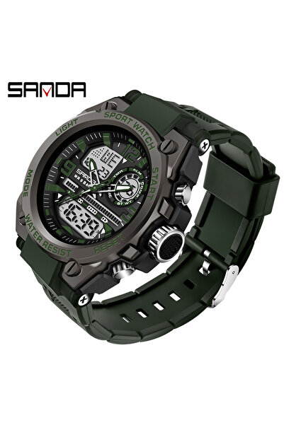 Choice 6024 ساعة يد رياضية كوارتز رجالية من SANDA باللون الأخضر بشاشة مزدوجة LED وساعة يد إلكترونية رقمية مقاومة للماء