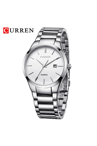 Curren Blanche ساعة CURREN أنيقة وبسيطة للرجال باللون الفضي والأبيض بسوار فول...