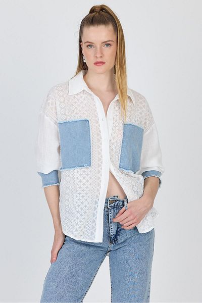 Rays Cămașă din dantelă garnită din denim alb 1413