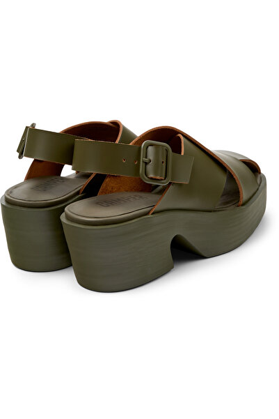 CAMPER Women’s Green Genuine Leather Heeled Sandal with Hook And Loop Straps for All-Day Comfort Billlie