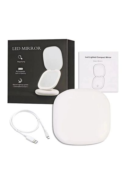Choice WHITE 2 Face Sides Touch Compact Led 3 Colors Mini Foldable Cosmetic Charge Makeup Mirror With Light