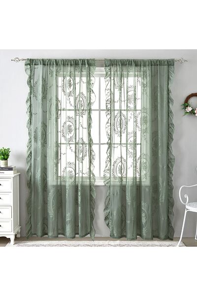 Choice Fixed Pleat 140x200cm green French Retro Green Ruffled Lace Sheer Tulle Curtains For Girls Room Livi