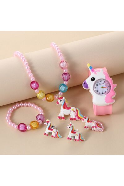 Choice Pink Children Rainbow Horse Patter Watch Jewelry Set Necklace Earrings Ring Bracelet Gifts for Child