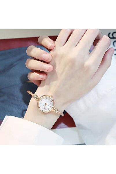 Choice ساعة YIKAZE نسائية صغيرة من روما باللون الوردي والأبيض بسوار ذهبي من ا...