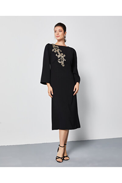 SERPİL Kadın Elbise - Yakası İşleme Detaylı - Diz Altı Elbise - Modern ve Şık...