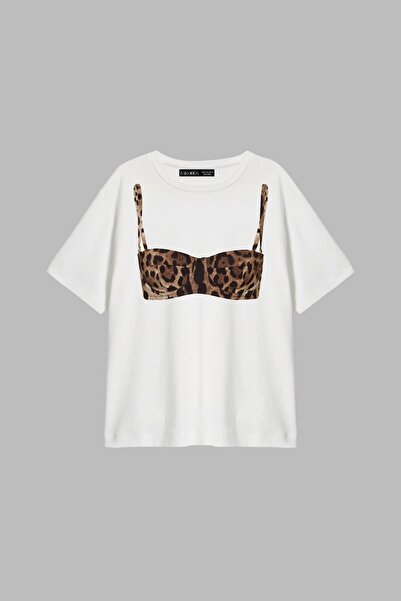 CİNEMA MODA Tricou alb pentru femei cu imprimeu leopard Bikini Relaxed Fit