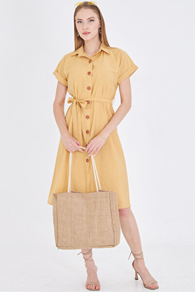 armonika Women's Yellow Waist Belt Short Sleeve Shirt Dress Arm-25Y001065