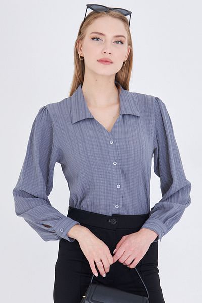 armonika Women's Gray V-Neck Balloon Sleeve Wrinkle Shirt Arm-25K001088