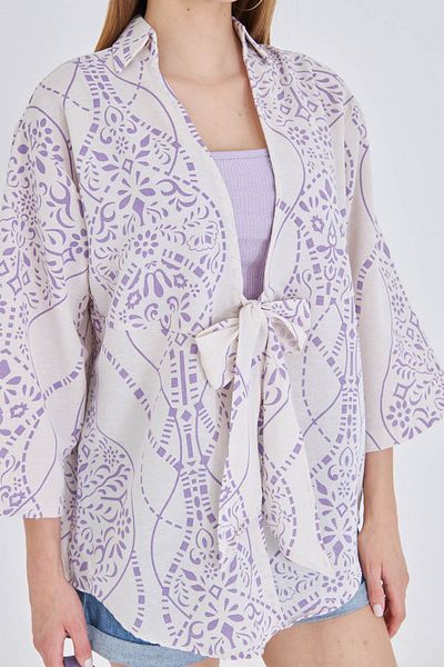 armonika Women's Lilac Patterned Linen Look Front Tie Kimono Shirt Arm-24Y001079