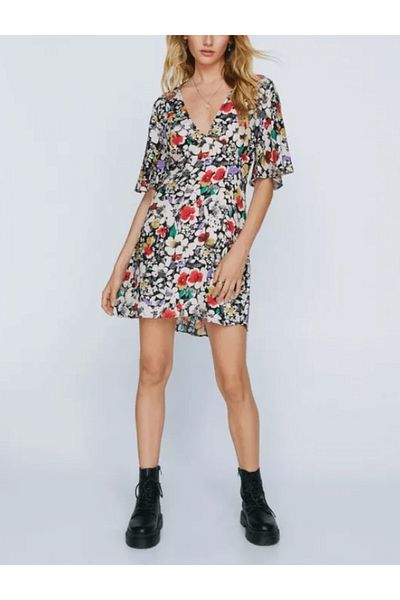 NASTY GAL Nasty Gal Mono Floral Angel Sleeve Dress