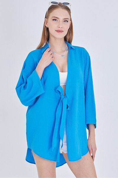 armonika Women's Blue Linen Look Front Tie Kimono Shirt Arm-24Y001063
