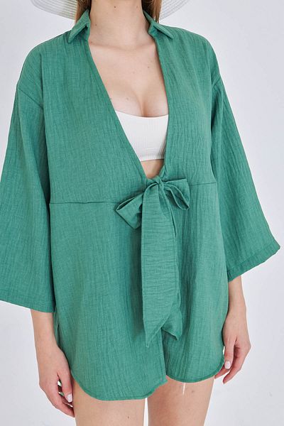 armonika Women's Dark Green Linen Look Front Tie Kimono Shirt Arm-24Y001063