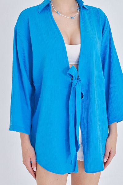 armonika Women's Blue Linen Look Front Tie Kimono Shirt Arm-24Y001063