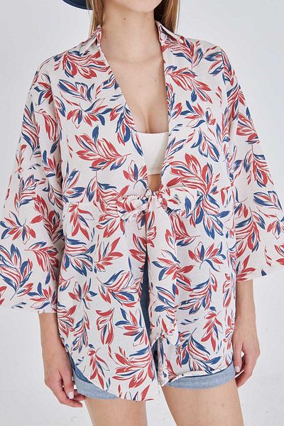armonika Women's Tile Patterned Linen Look Front Tie Kimono Shirt Arm-24Y001079