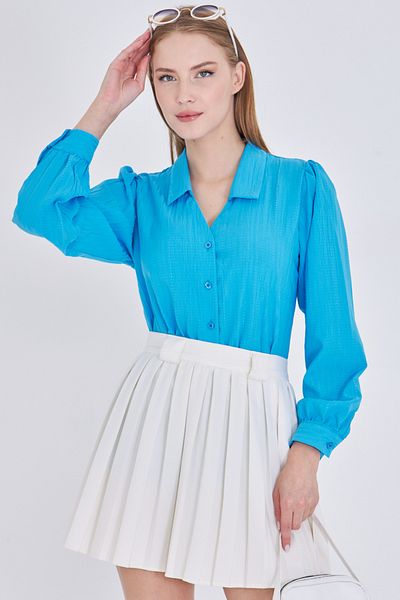 armonika Women's Blue V-Neck Balloon Sleeve Wrinkle Shirt Arm-25K001088