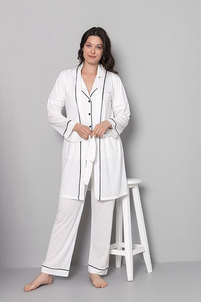 LORIAN'S Set de pijamale pentru maternitate și gravidă, cu mâneci scurte, cu nasturi în față, ecrue, viscoase, set de 3 piese