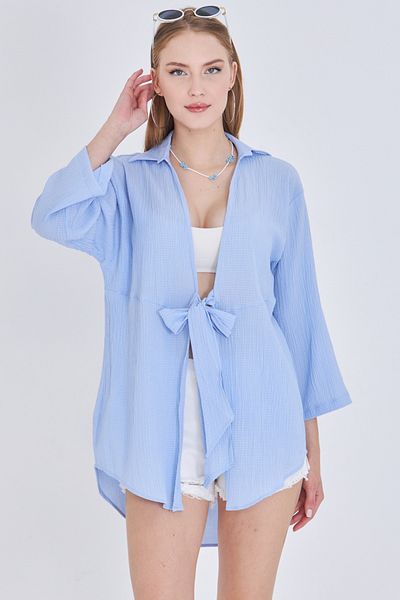 armonika Women's Baby Blue Linen Look Front Tie Kimono Shirt Arm-24Y001063