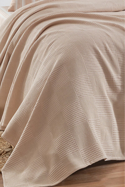 Eponj Home Çarşaflı Pike Takımı Çift Kişilik %100 Pamuk 4 Parça SoftÇizgili Desenli Bej – Weave Serisi