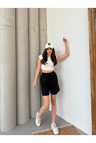 Ozy Fashion Black, Muslin Fabric, Pockets, Elastic Waist, Women's Midi Length, Summer Shorts