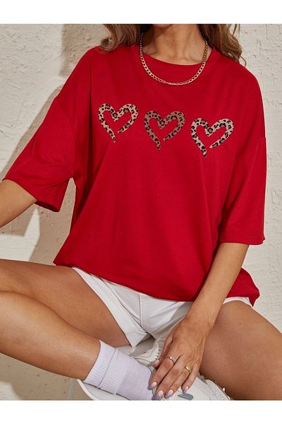 Boi Three Hearts Printed Γυναικεία / Κορίτσια Oversize Red Casual T-shirt Boyfriend