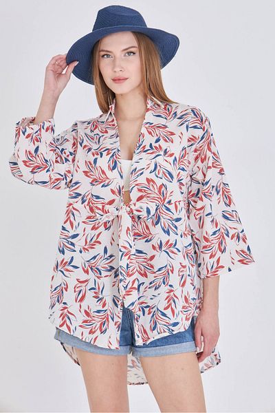 armonika Women's Tile Patterned Linen Look Front Tie Kimono Shirt Arm-24Y001079