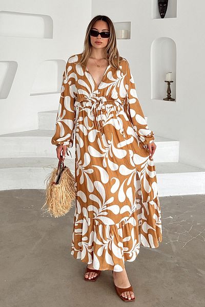 Olcay V-Neck Slit Detailed Patterned Dress Kamel 9350-E