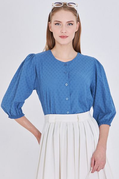 armonika Women's Dark Blue Crew Neck Quarter Sleeve Shirt Arm-25Y001062