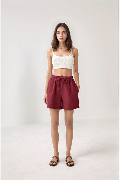 Bled Müslin Cepli Kadın Şort Bordo (%100 Pamuk)