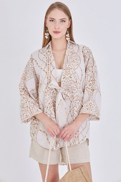 armonika Women's Cream Patterned Linen Look Front Tie Kimono Shirt Arm-24Y001079