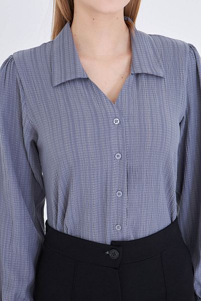 armonika Women's Gray V-Neck Balloon Sleeve Wrinkle Shirt Arm-25K001088