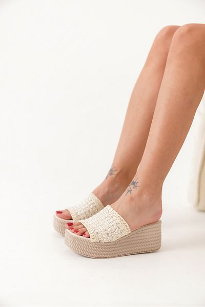 Lolita Love Shoes Tilda Women's Beige Stone Wedge Heeled Slippers