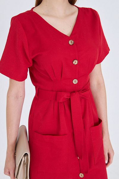 armonika Women's Red Button Belted Cuff Detail V Neck Dress Arm-23Y001026