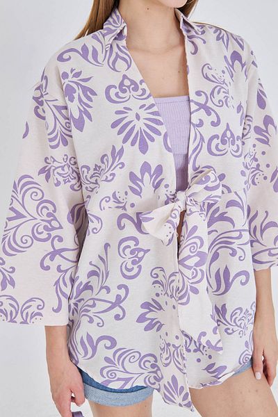 armonika Women's Light Lilac Patterned Linen Look Front Tie Kimono Shirt Arm-24Y001079