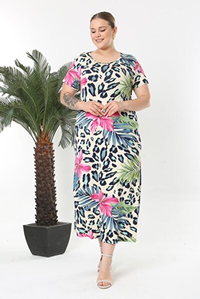Madwilo Γυναικείο ροζ μπλε τροπικό λεοπάρ μοτίβο ελαστικό μάξι φόρεμα