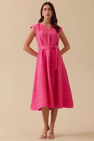 SEÇİL Women's Belted V-Neck Textured Dress - Fuchsia