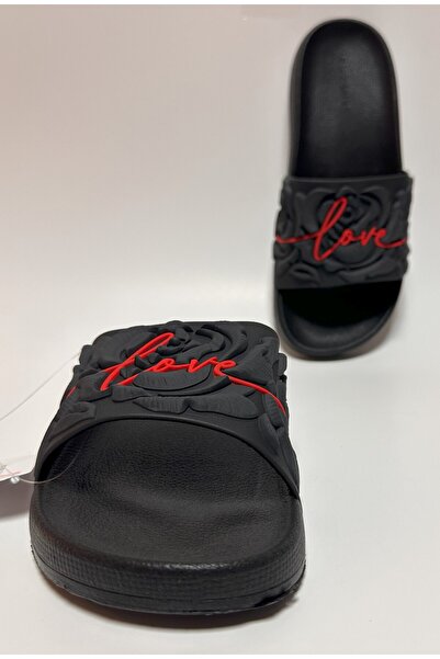 GEZER Black Love Rose Relief Detailled Non-Slip Eva Anatomic Sole Women's Wet Floor, Home and Street Slippers