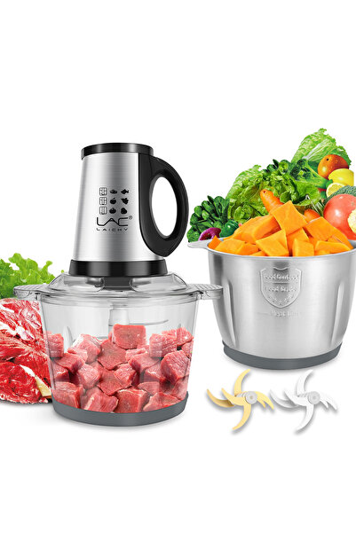 LAC LAICHY مفرمة مع قطعتين من الأوعية سعة 3.8 لتر، معالج طعام كهربائي بقوة 350 واط، 3 سرعات، مفرمة لحم بـ 4 شفرات