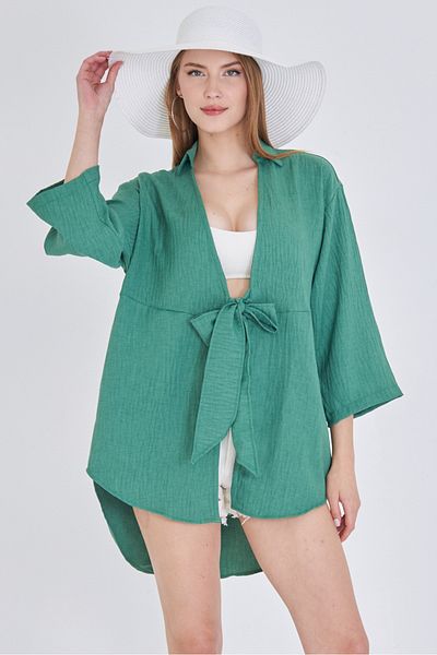 armonika Women's Dark Green Linen Look Front Tie Kimono Shirt Arm-24Y001063